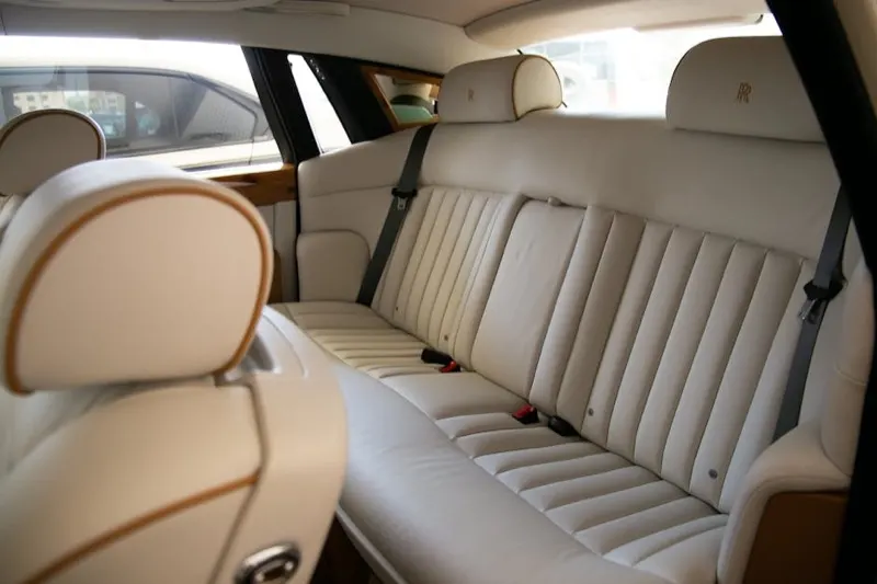 Rolls-Royce Phantom rear-cabin interior in Seashell leather with contrast piping, bespoke stitching detail