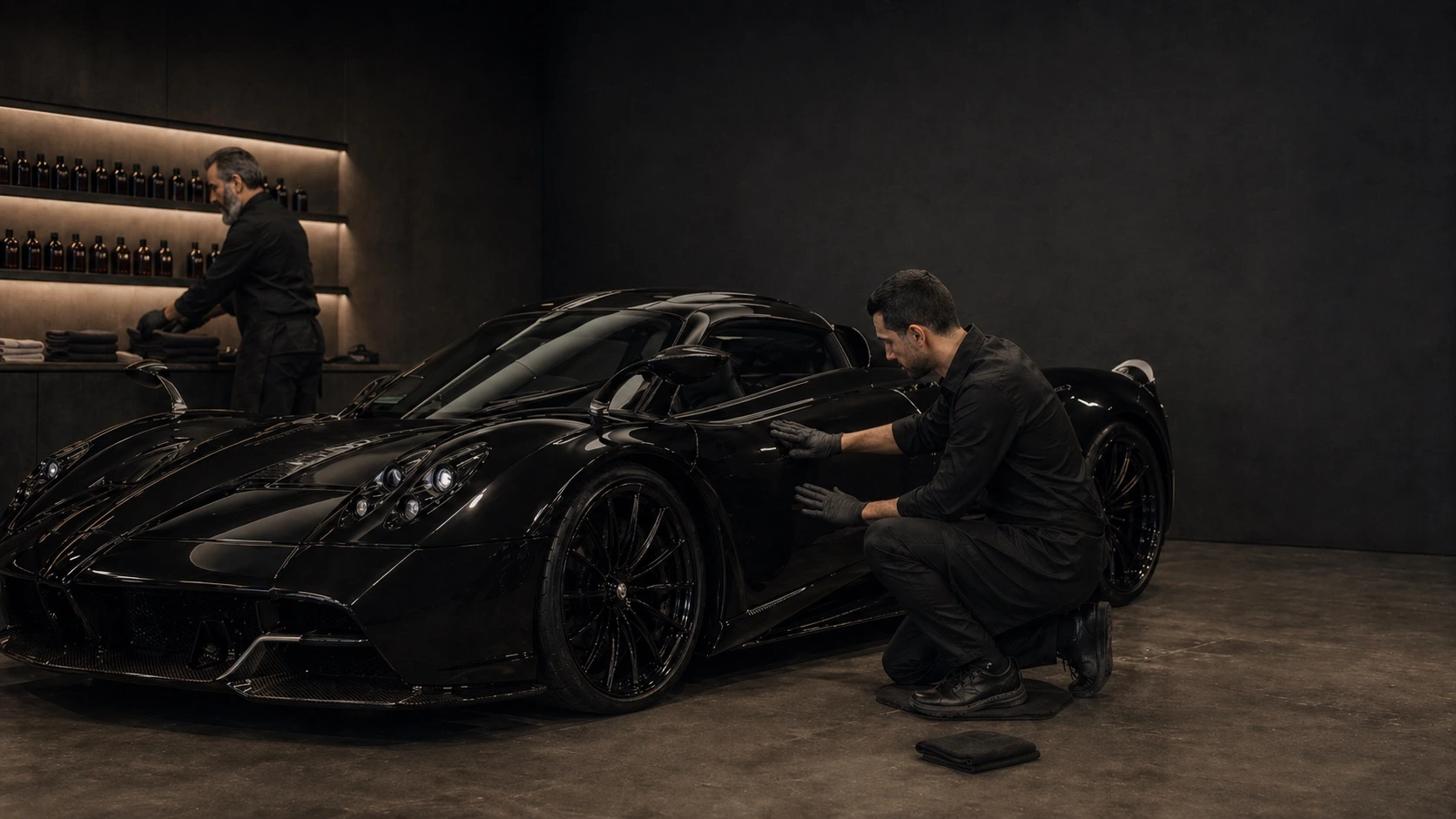 Kneeling detailer applying ceramic coating with a foam applicator block to the door panel of a black Pagani Huayra in a climate-controlled atelier bay