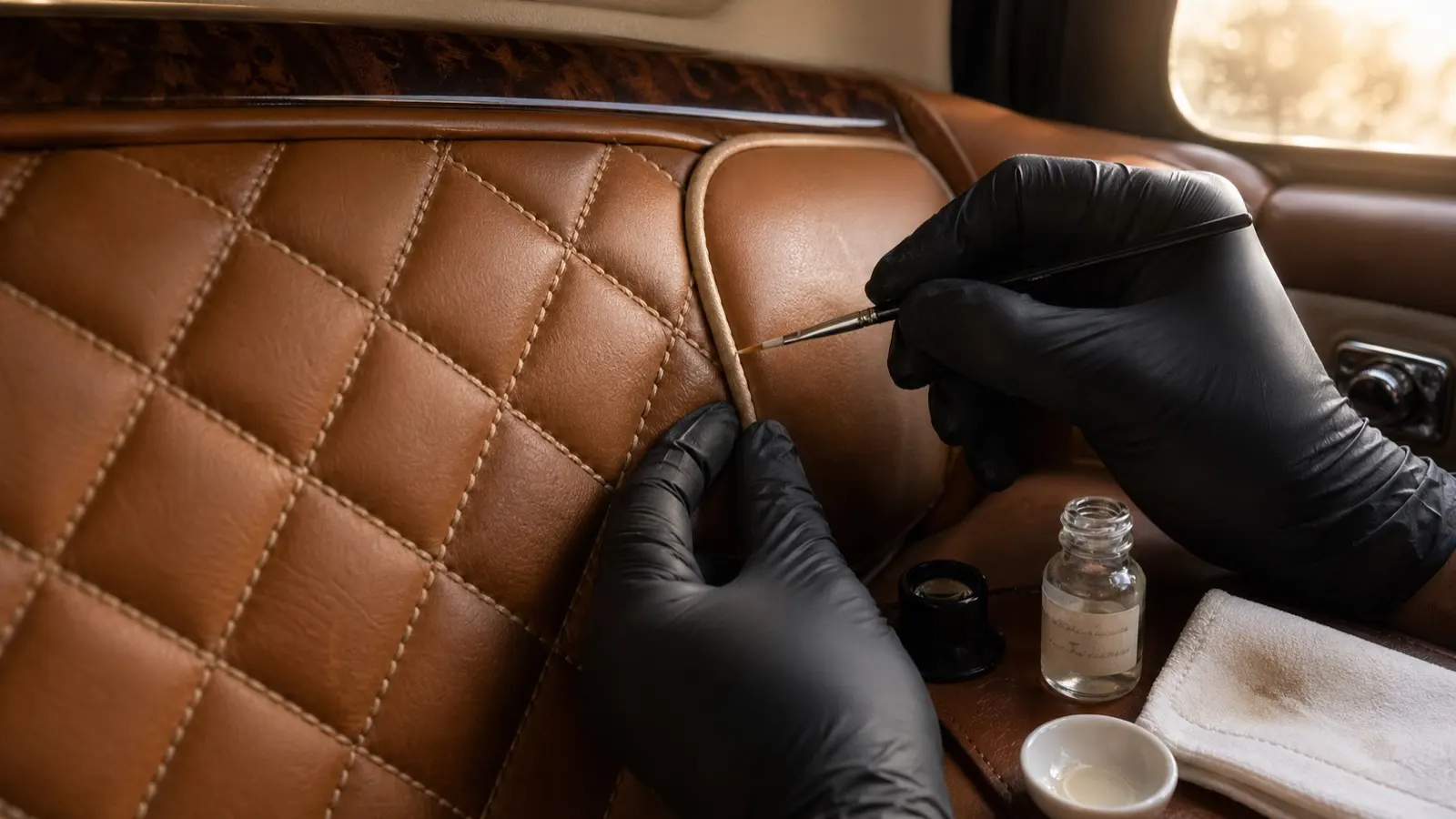 Black-gloved hands applying leather conditioner to the contrast-stitched diamond-quilted center panel of a tan Connolly leather rear seat in a Rolls-Royce Phantom